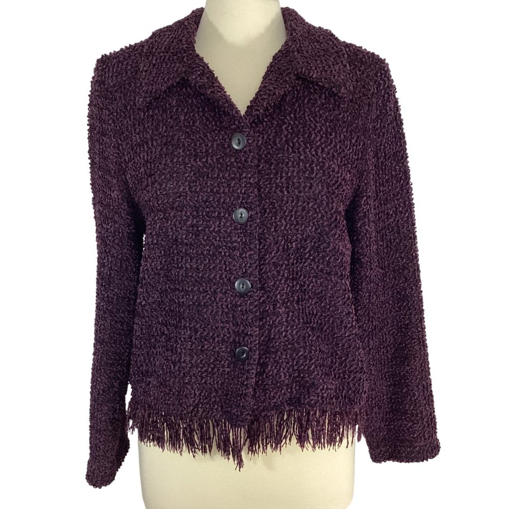 Cynthia Max Chenille Cardigan Jacket Fringed Purple Button Front Size Medium